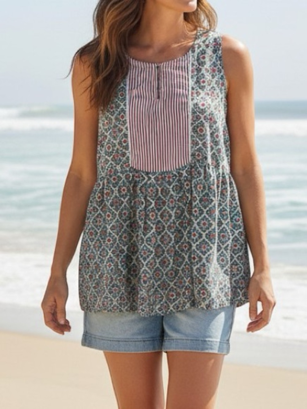 CB Positano Cotton Blue Patchwork Tank Top Sleeveless Shirt Geometric Blouse S